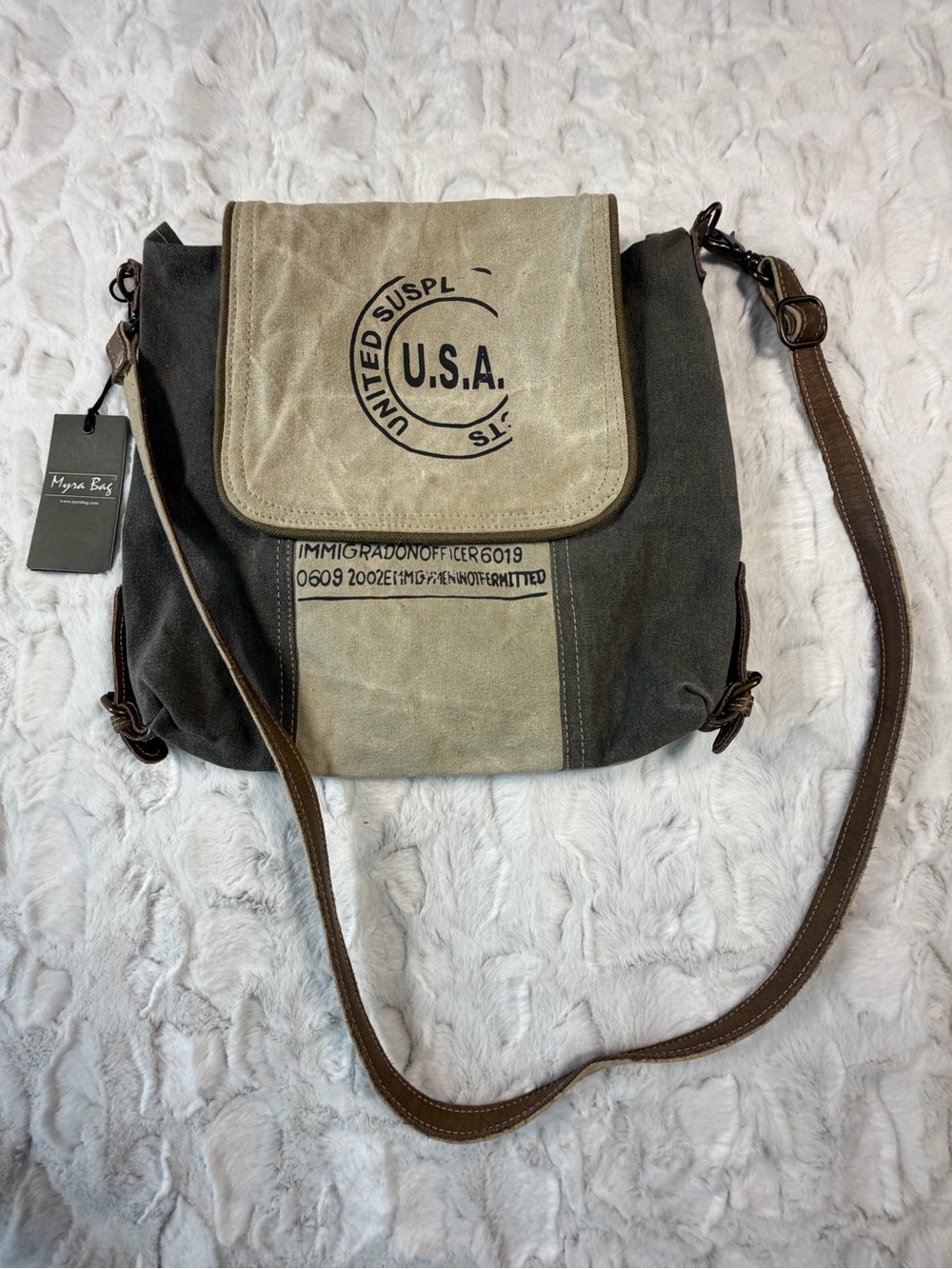 NWT-Myra Crossbody Bag Beige and Dark Gray Canvas Messenger with Brown Strap